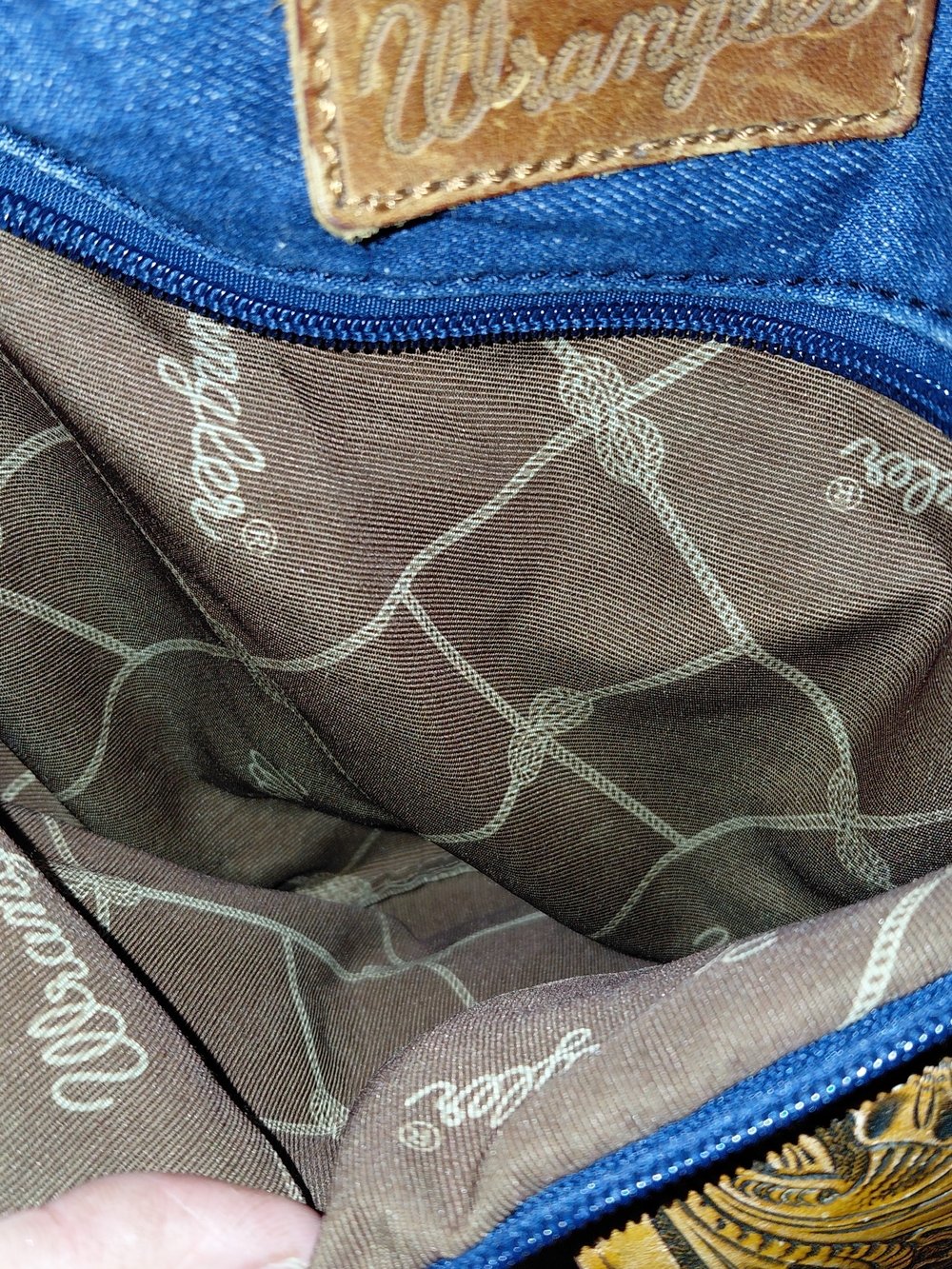 Wrangler Blue Denim Hobo Bag with Brown Tooled Leather Accents - Picture 6 of 11
